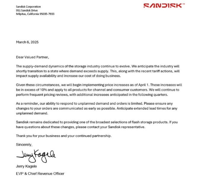 SanDisk предупредила о скором подорожании SSD — с 1 апреля цены на память NAND вырастут более чем на 10 %