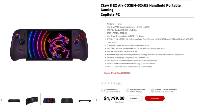 MSI оценила портативную приставку Claw 8 EX AI+ на чипе Arc G3 Extreme в $1799